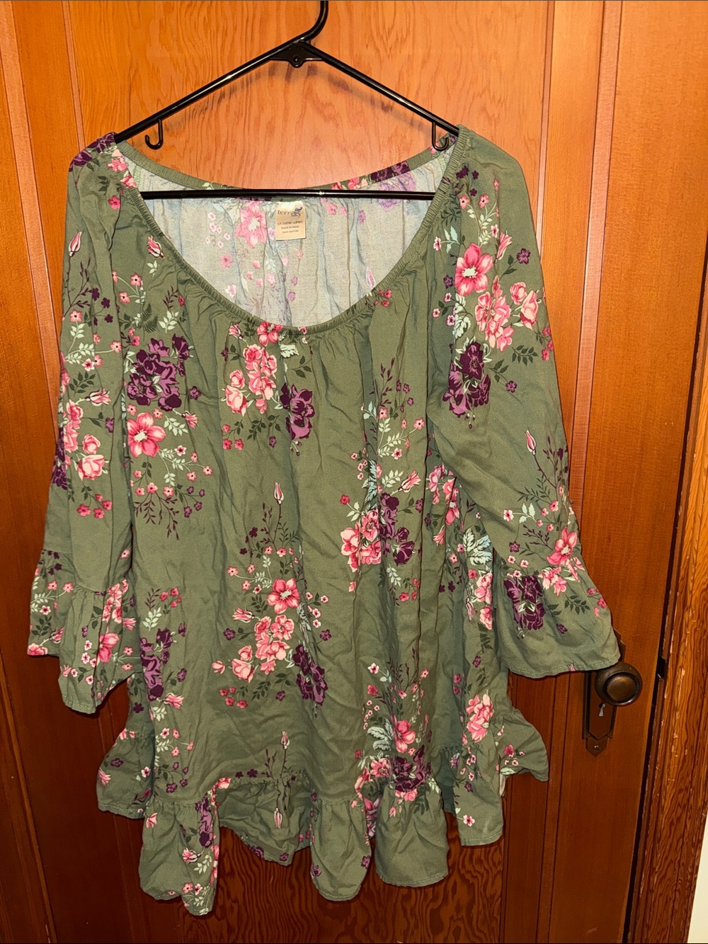 Terra & Sky Olive Floral Ruffle Tunic with Pink & Purple Blooms